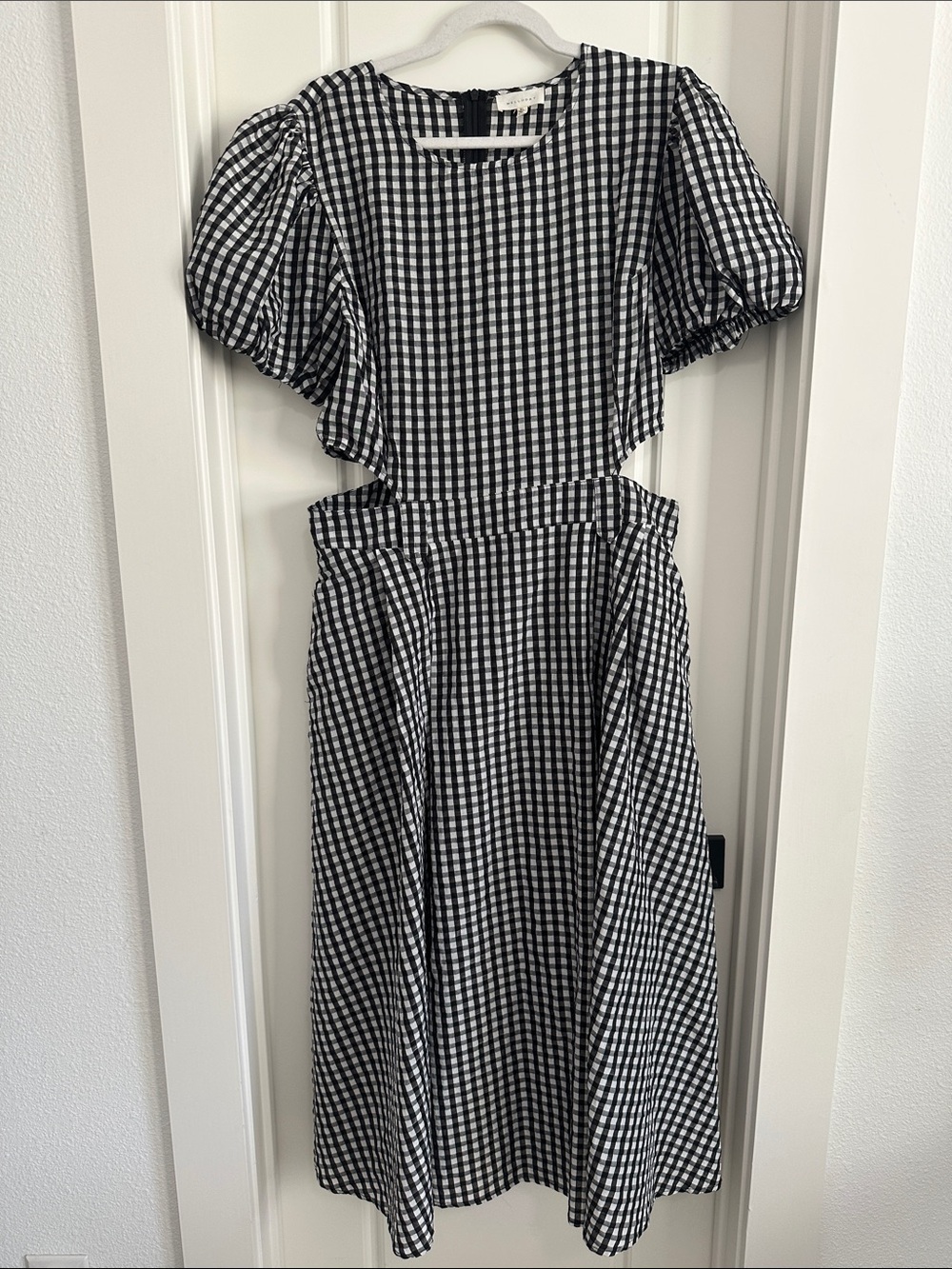 Melloday Black White Gingham Plaid Puff Sleeve Cutout A Line Midi Dress XL
